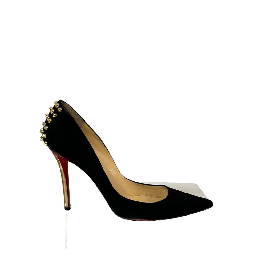 Christian Louboutin Black Suede Heels with Gold Spike Accents
